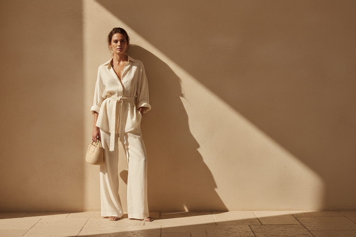 Minimalist editorial fashion photo of a woman in a neutral-toned linen outfit standing against a warm beige wall. Soft natural daylight, subtle shadows, calm aesthetic, modern French luxury vibe. Clean composition with negative space, warm muted colors, gentle textures. High-resolution, Rivier Leclair aesthetic, Zara / Mango campaign style. Perfect for a small homepage section image.”